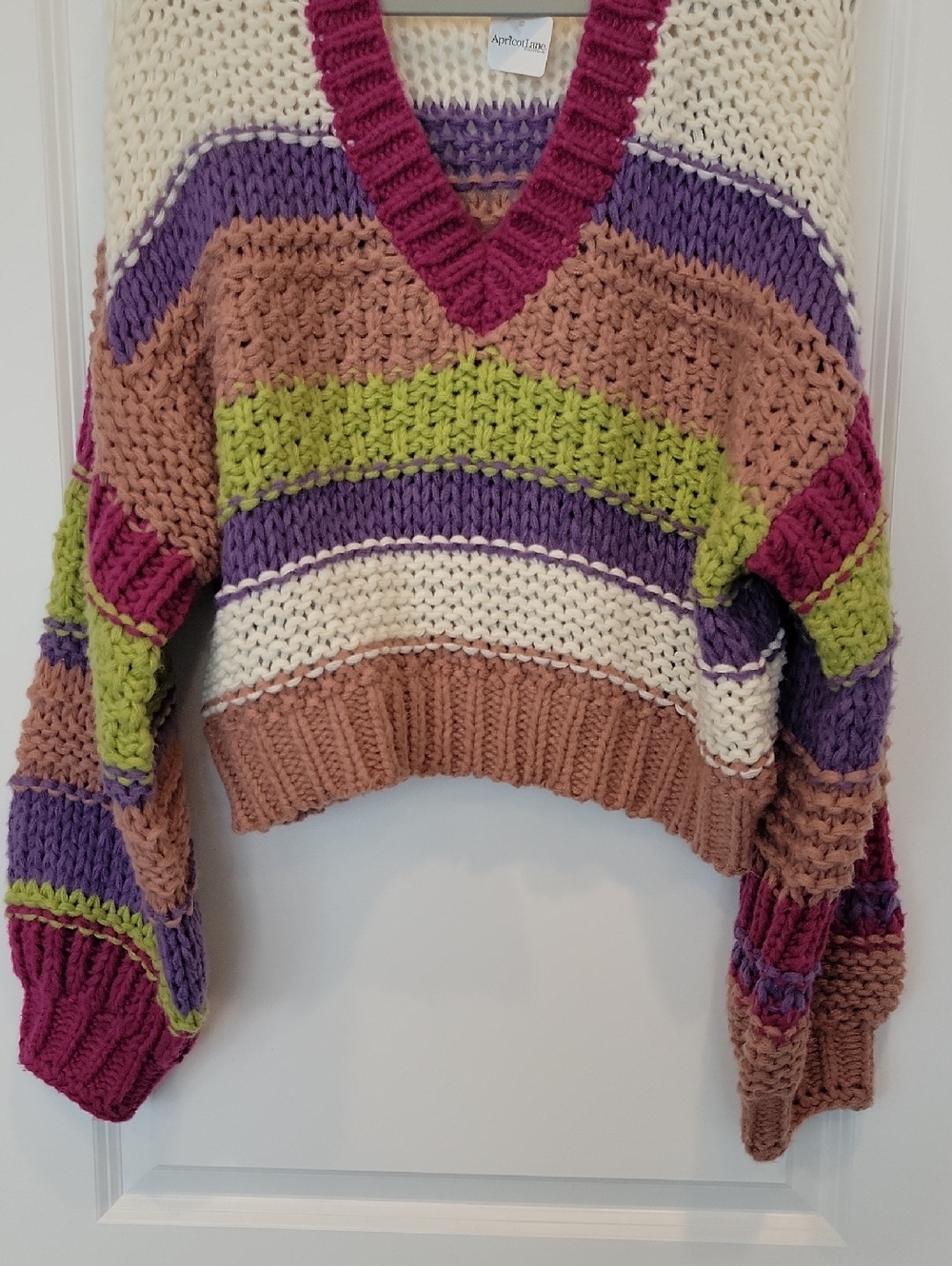 Apricot Lane Striped Multicolored Crop Chunky Sweater In Fuscia Size M/L NWT - Picture 7 of 12